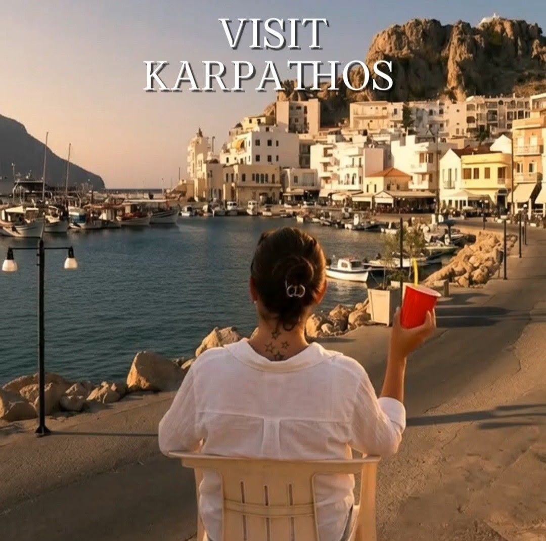 Zina Ekmalian sitting on a white plastic chair at the harbor of Pigadia, back to the camera, raising a red cup toward the town.